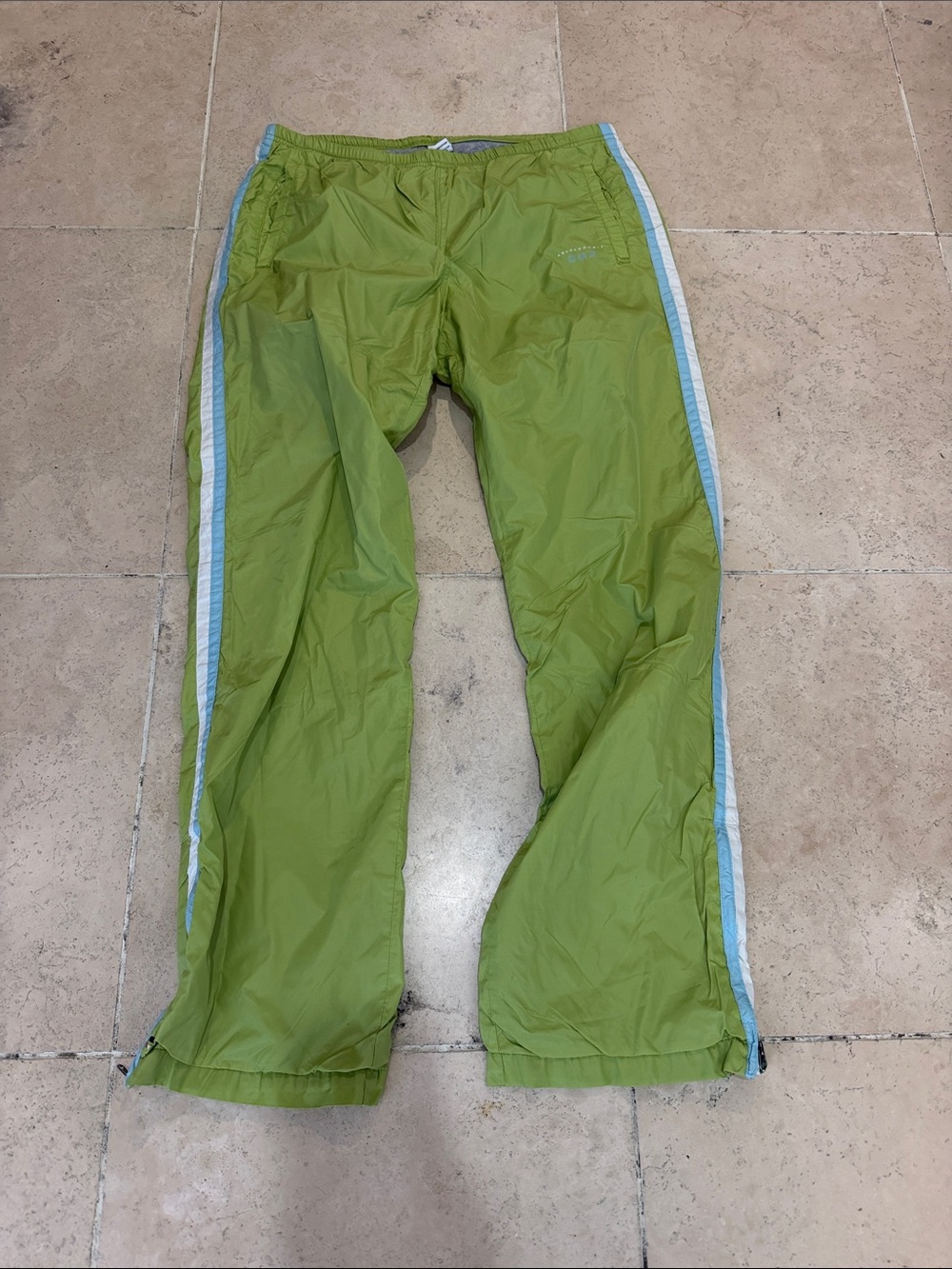 Vintage Y2K Abercrombie & Fitch Lime Green Track Joggers with Blue-Trim Stripes